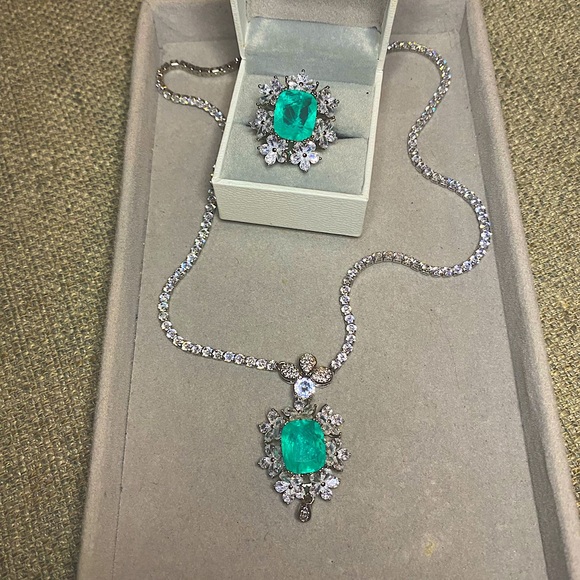S925 huge Paraiba Tourmaline flower bridal jewelry set - Picture 10 of 16